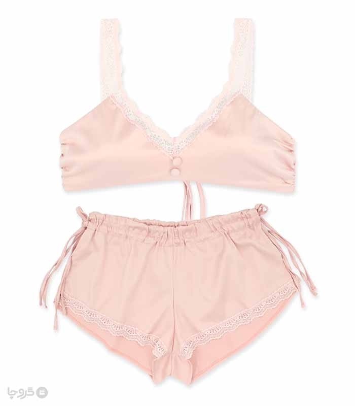 ست شورتک و نیم تنه بندی ساتن و دانتل Neev نیو کد Swan صورتی Pink