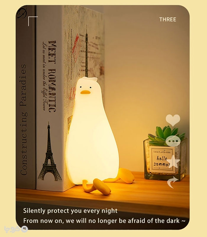 چراغ خواب لمسی سیلیکونی رو میزی شارژی طرح اردک تنبل - همراه با کابل شارژ