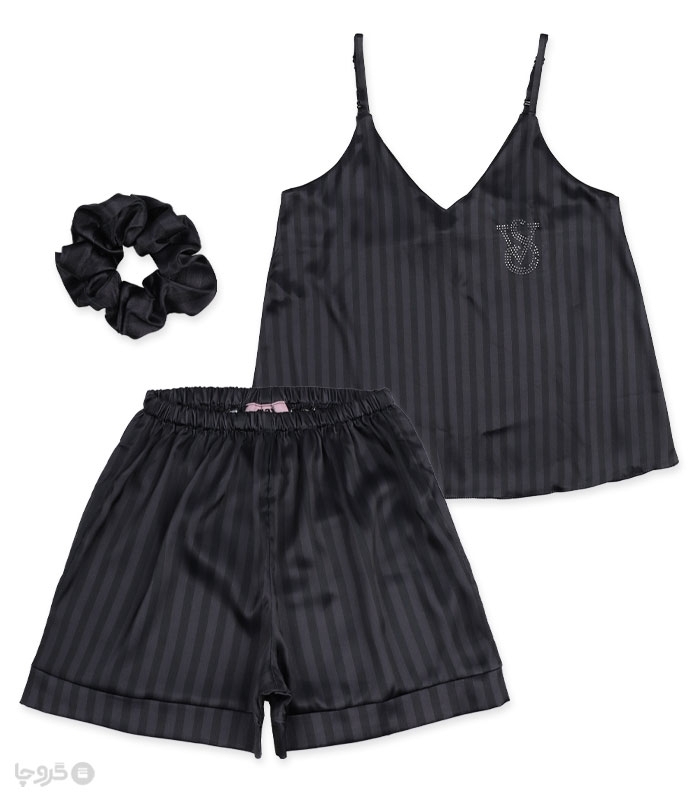 ست شورتک و تاپ بندی و اسکرانچی ساتن Max مکس کد 024 طرح Victoria's Secret