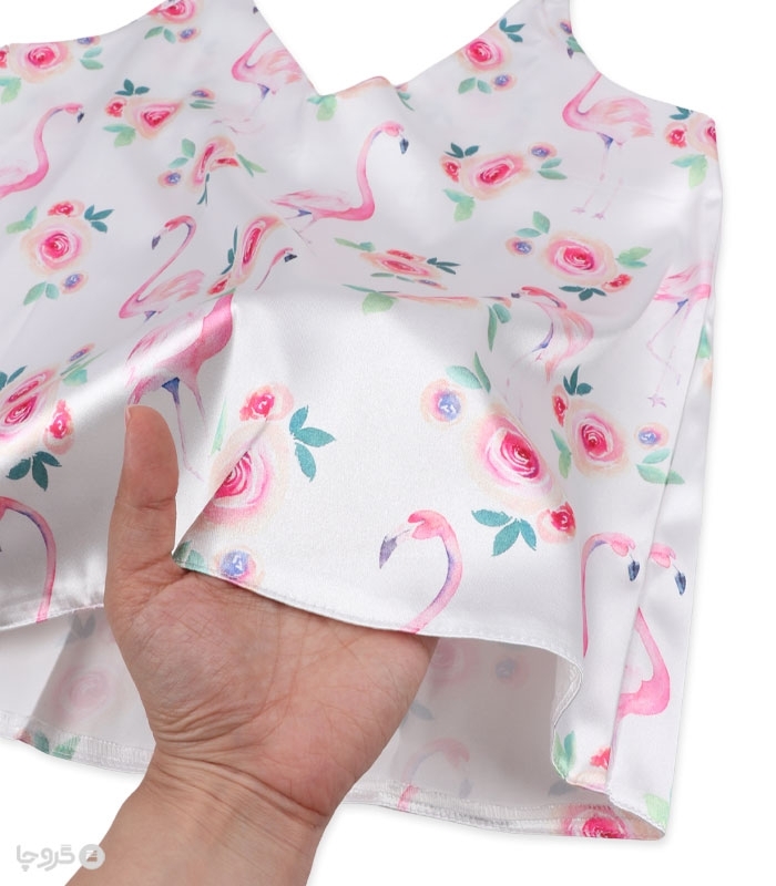 ست شورتک و تاپ بندی و اسکرانچی ساتن Max مکس کد 024 طرح فلامینگو