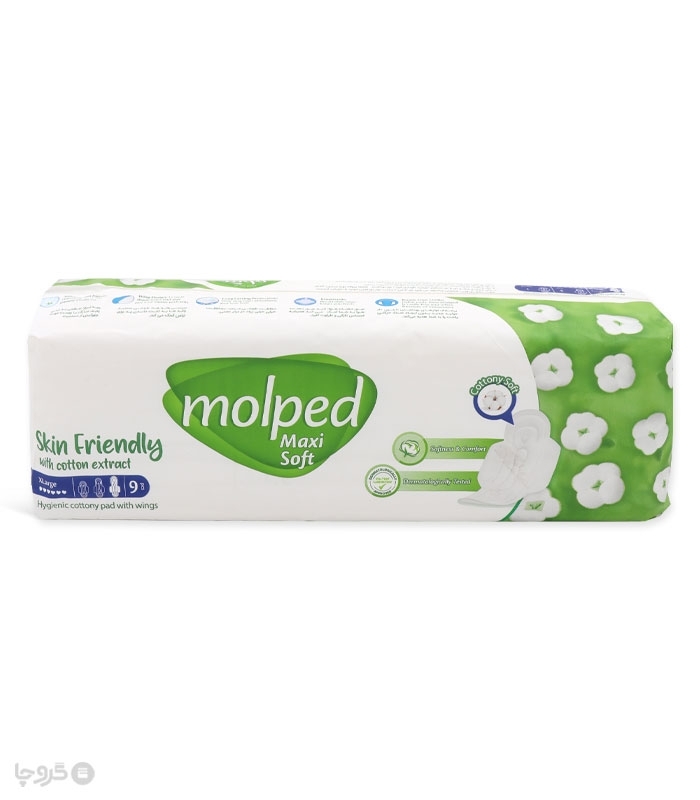 نوار بهداشتی بالدار ضخیم کتان مولپد Molped مدل Maxi Soft خیلی بزرگ کد 437 - بسته 9 عددی