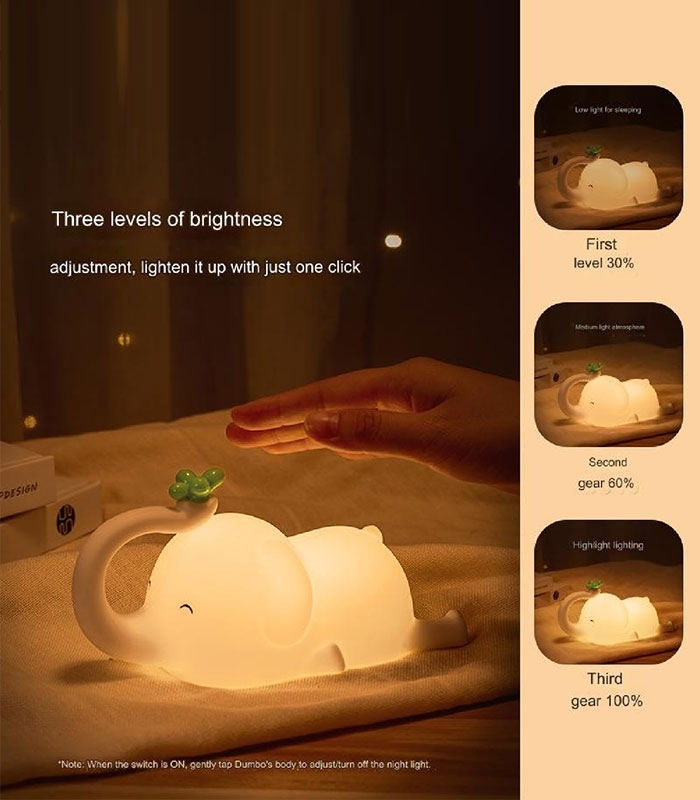 چراغ خواب لمسی سیلیکونی رو میزی شارژی طرح فیل - همراه با کابل شارژ
