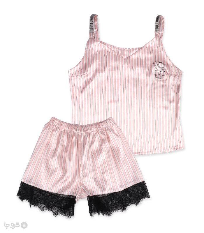 ست شورتک و تاپ بندی ساتن Ema اما کد 2811 طرح Victoria's Secret