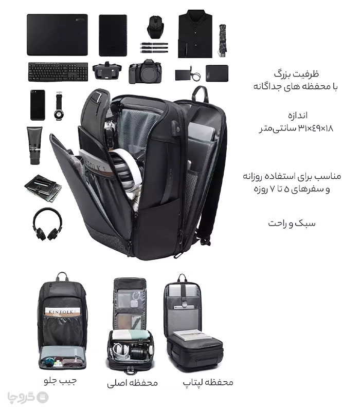 کوله پشتی مسافرتی ضد آب Bange بنج کد 22005 ظرفیت 54 لیتری - دارای درگاه USB