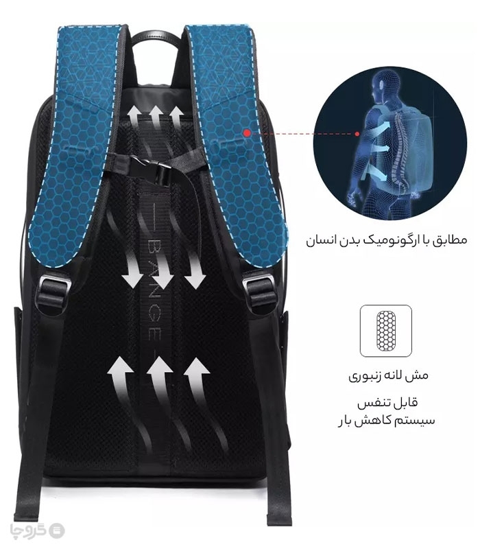 کوله پشتی مسافرتی ضد آب Bange بنج کد 22005 ظرفیت 54 لیتری - دارای درگاه USB