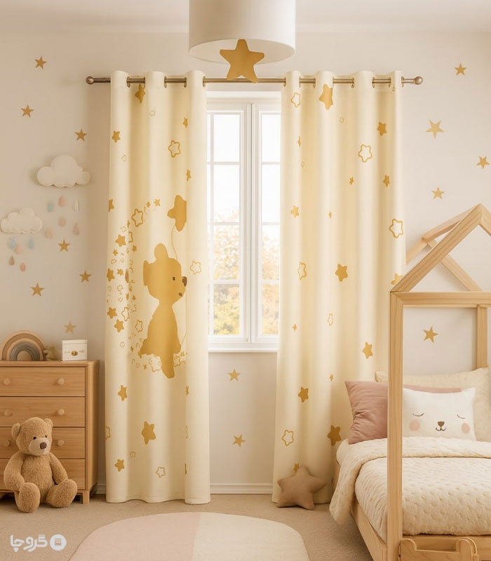 پرده کودک نوپه هوم کد W4795 طرح خرس و ستاره