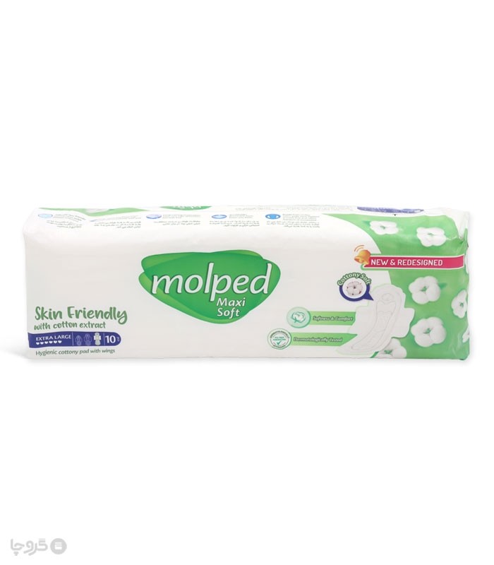 خرید نوار بهداشتی بالدار ضخیم کتان مولپد Molped مدل Maxi Soft خیلی بزرگ کد 437 - بسته 10 عددی