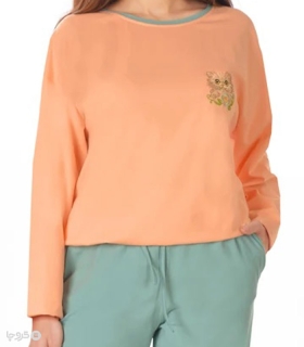 تیشرت آستین بلند زنانه نخی ناربن کد WT3970 طرح گربه ناز