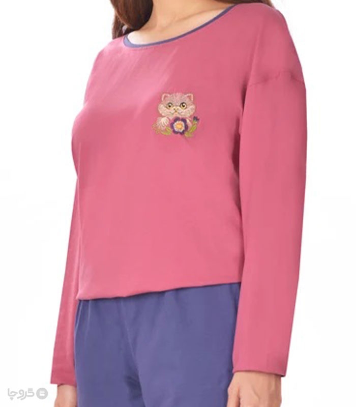 تیشرت آستین بلند زنانه نخی ناربن کد WT3970 طرح گربه ناز