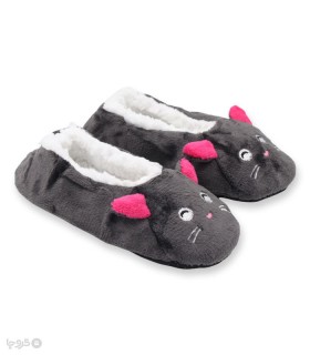 خرید پاپوش پشمی گوشدار کف استپدار طرح گربه مشکی