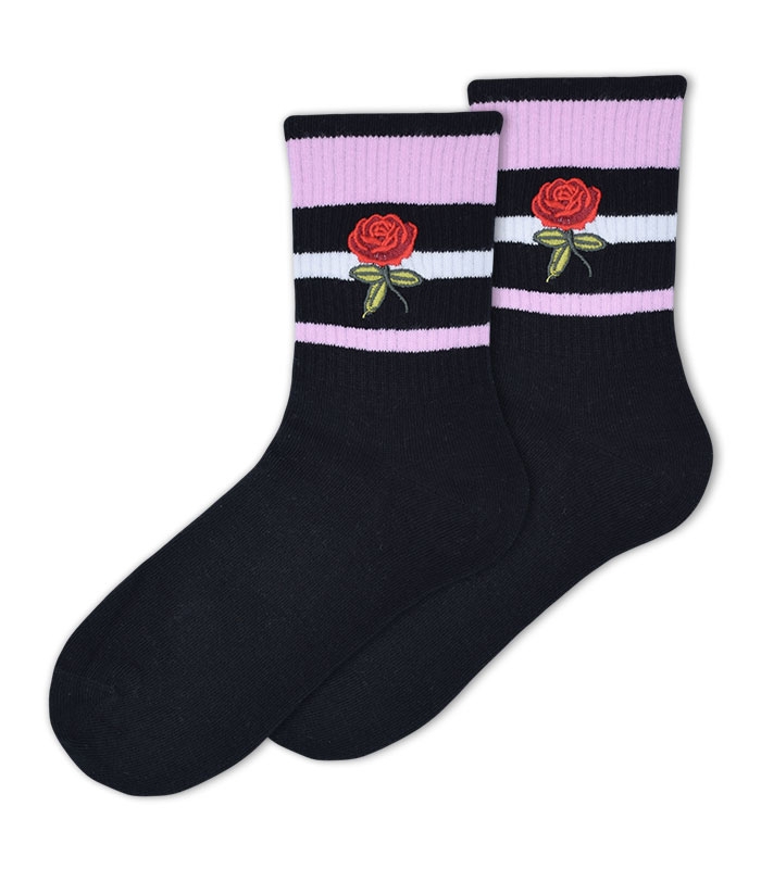 جوراب ساقدار Ekmen طرح سه خط گل رز مشکی