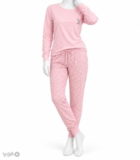 ست شلوار و بلوز آستین بلند زنانه نخی ناربن کد WS4158 طرح قلب و گربه
