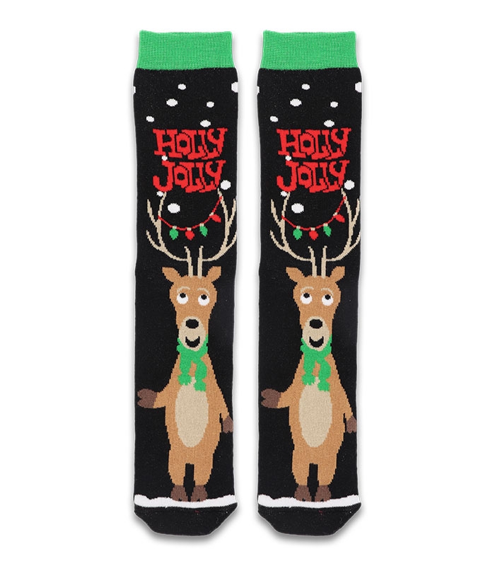 جوراب حوله‌ای کف استپ‌دار ساقدار Ekmen اکمن طرح گوزن Holly Jolly مشکی