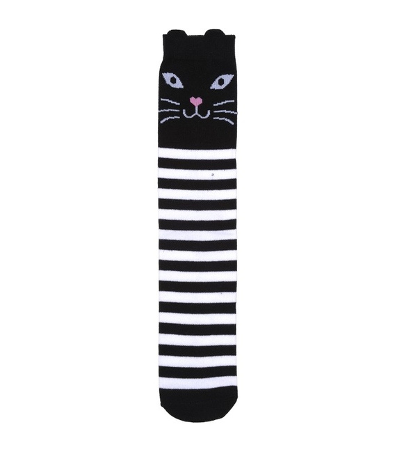 جوراب ساق بلند گوشدار طرح گربه خوشحال راه راه مشکی