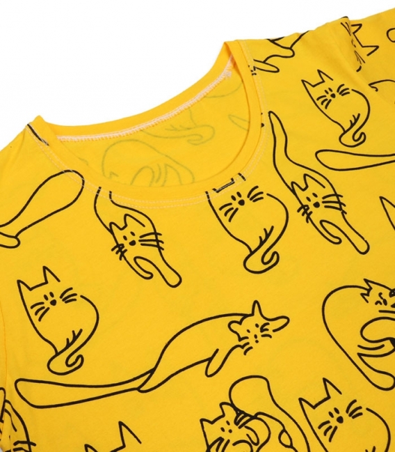 تیشرت آستین کوتاه نخی You Teen یوتین کد 8750 طرح چاپی گربه زرد