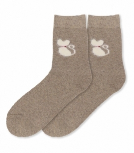جوراب پشمی حوله‌ای Coco & Hana ساقدار طرح گربه پشمالو خاکی