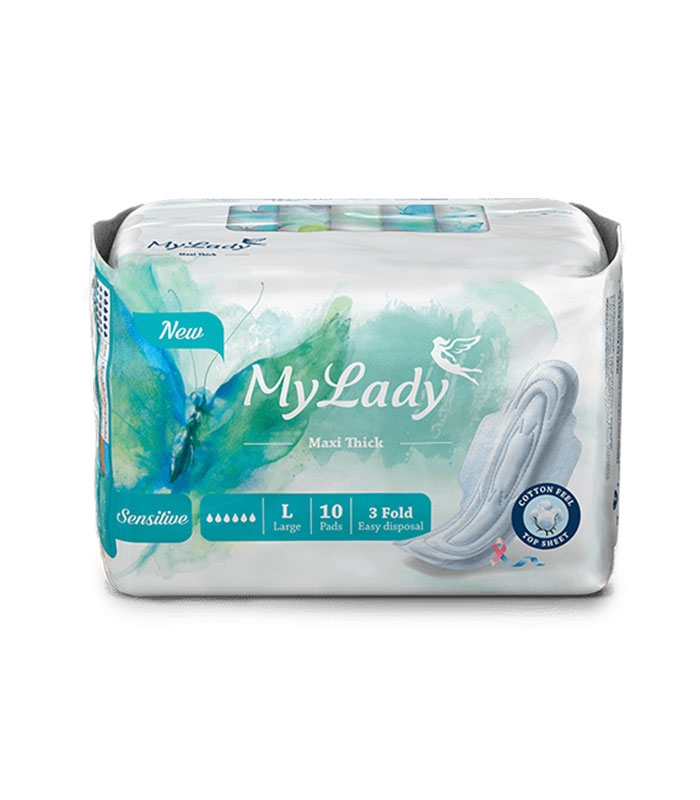 نوار بهداشتی بالدار نیمه ضخیم کتان MyLady مای لیدی مدل Maxi Sensitive بزرگ کد 697 - بسته 10 عددی