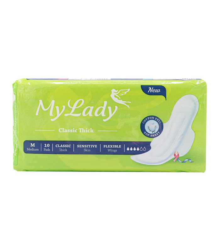 نوار بهداشتی بالدار ضخیم کتان MyLady مای لیدی مدل Classic Sensitive متوسط کد 855 - بسته 10 عددی