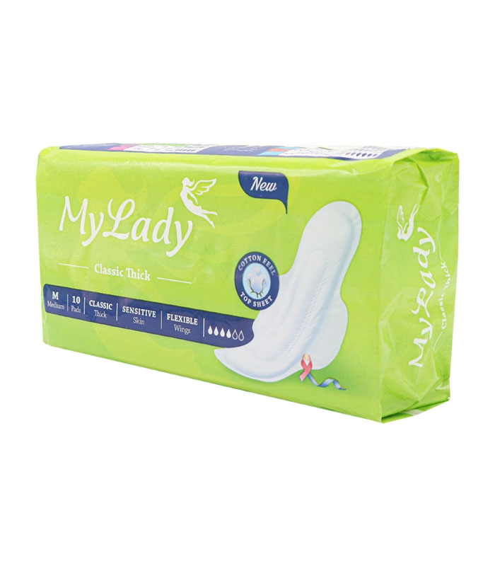 نوار بهداشتی بالدار ضخیم کتان MyLady مای لیدی مدل Classic Sensitive متوسط کد 855 - بسته 10 عددی