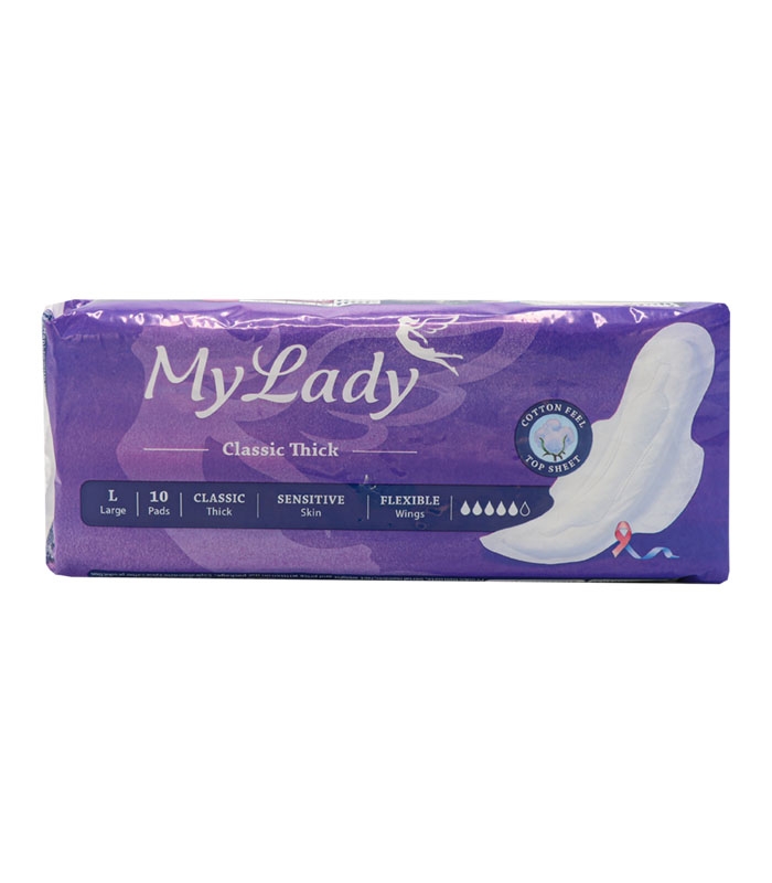 نوار بهداشتی بالدار ضخیم کتان MyLady مای لیدی مدل Classic Sensitive بزرگ کد 856 - بسته 10 عددی