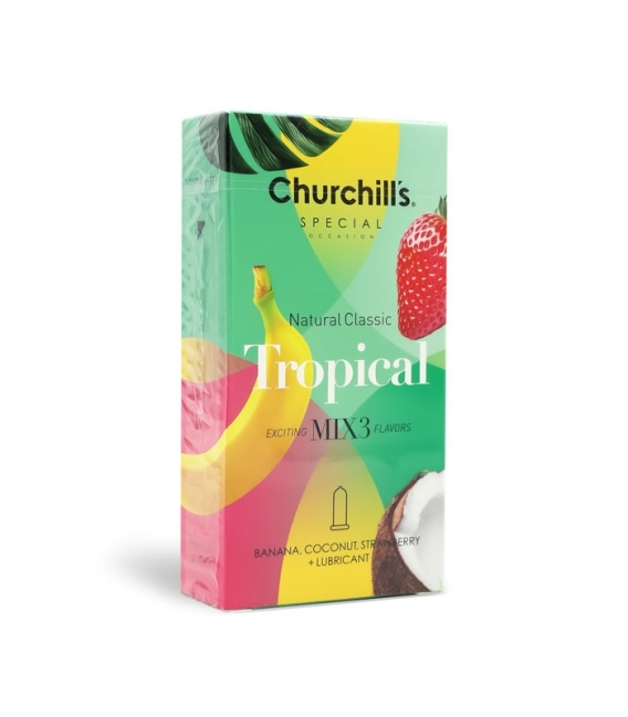 کاندوم موز و نارگیل و توت فرنگی چرچیلز Churchills مدل Tropical - بسته 12 عددی