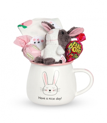 پک هدیه ماگ، جوراب، شکلات و جاسوئیچی خرگوش کد 130 صورتی روشن