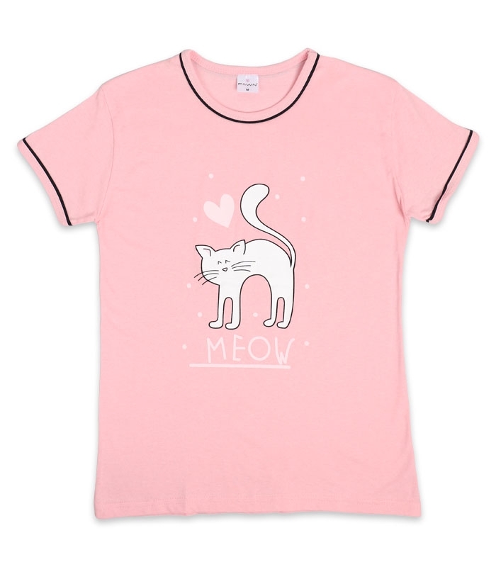 ست شلوارک و تیشرت Fawn فاون نخی کد 5452 طرح گربه صورتی