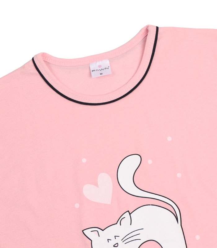 ست شلوارک و تیشرت Fawn فاون نخی کد 5452 طرح گربه صورتی