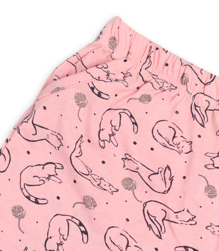 ست شلوارک و تیشرت Fawn فاون نخی کد 5452 طرح گربه صورتی