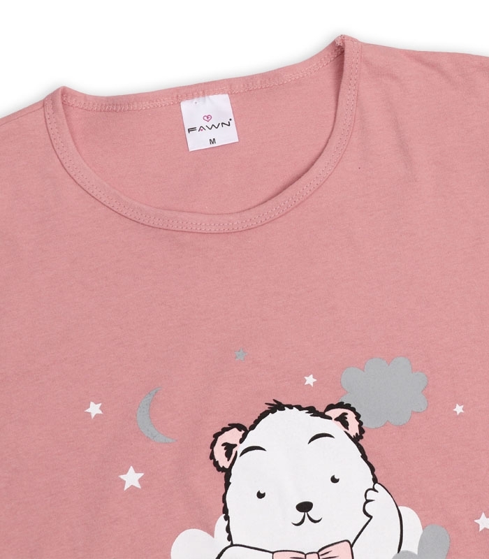 ست شلوارک و تیشرت Fawn فاون نخی کد 5426 طرح خرس و ابر صورتی