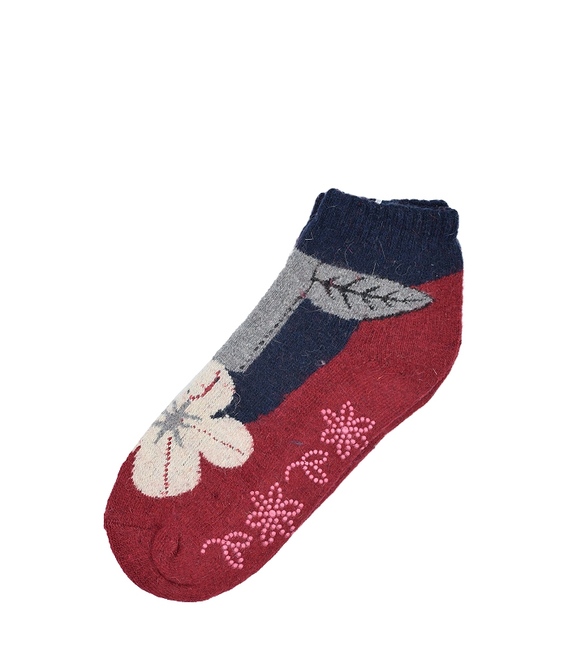 جوراب پشمی نیم ساق XTS کف استپ دار طرح گل و گیاه قرمز سرمه‌ای