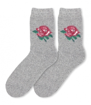 جوراب پشمی حوله‌ای Coca & Hana ساقدار طرح گل رز خاکستری روشن