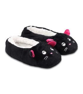 پاپوش پشمی گوشدار کف استپدار طرح گربه مشکی