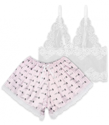 ست شورتک و نیم تنه بندی ساتن و گیپور کد 14 طرح Victoria's Secret سفید صورتی