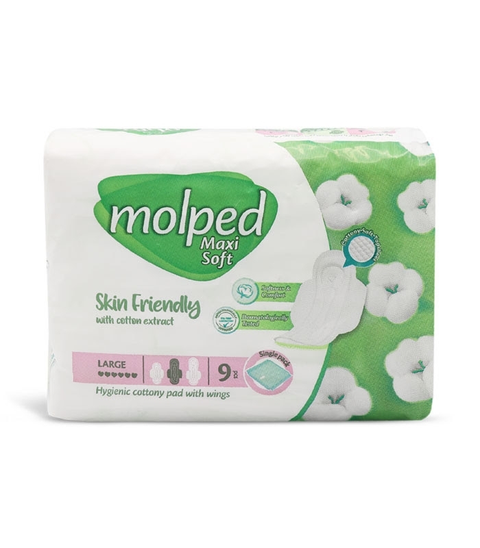 نوار بهداشتی بالدار نیمه ضخیم کتان مولپد Molped مدل Maxi Soft بزرگ کد 434 - بسته 9 عددی