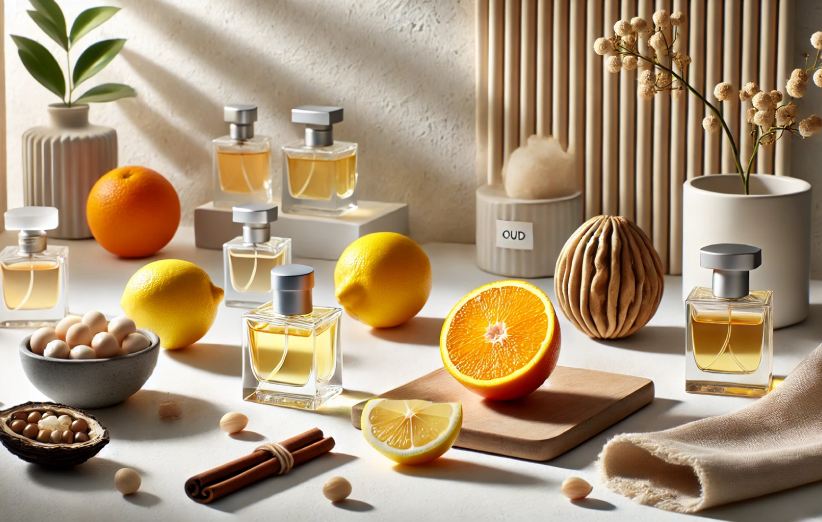 میوه‌هایی مثل مرکبات و چوب و عود کنار هم برای نشان دادن نت‌های عطر