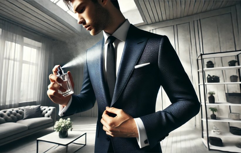 اسپری کردن عطر مردانه روی کت و شلوار خاص و رسمی