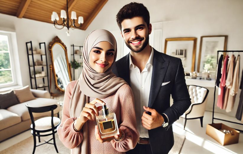 یک زوج جوان کنار هم که شاد هستند و عطر زده‌اند