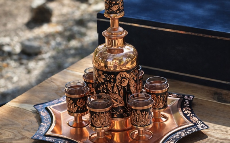 شربت خوری مسی و لیوان بهعنوان کادوی مادر زن روی میز چوبی