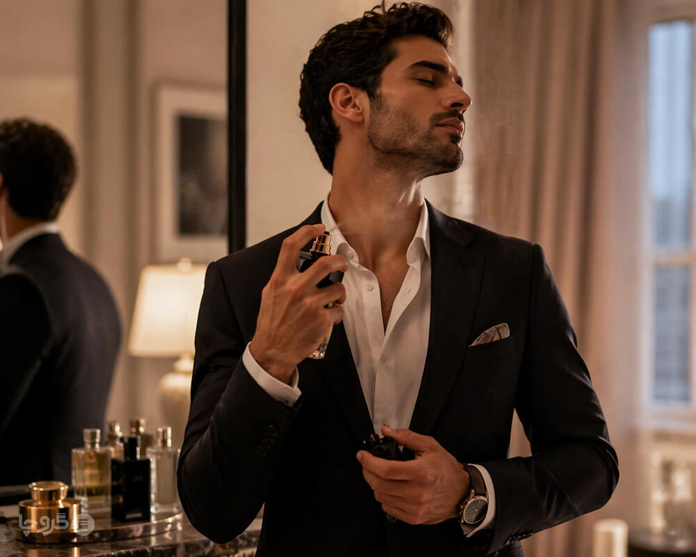 مرد شیکپوش در حال استفاده از عطر در فضای لوکس