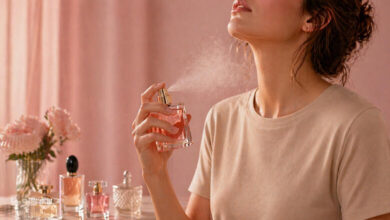 زن در حال اسپری کردن عطر در فضای صورتی ملایم و مینیمال