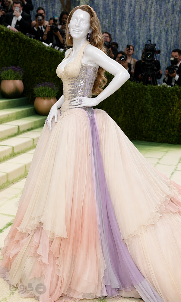 Blake Lively mannequin-style Met Gala 2026 fashion portrait in glamorous evening gown