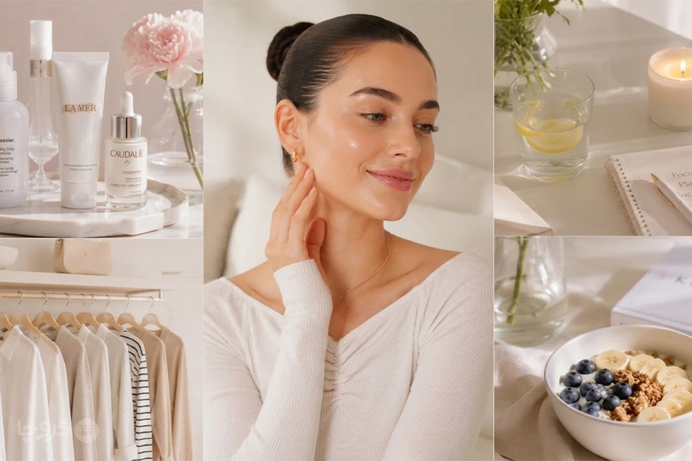کلاژ سبک Clean Girl شامل روتین پوستی، لباسهای مینیمال و سبک زندگی سالم