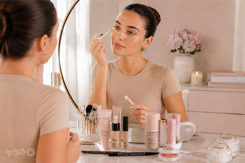 دختری پشت میز آرایش در حال میکاپ Clean Girl با محصولات آرایشی مینیمال و طبیعی