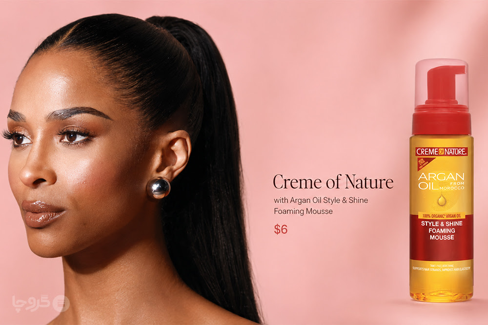 کلوزآپ مدل با موهای صاف و براق در کنار موس مو Creme of Nature Argan Oil Style & Shine Foaming Mousse