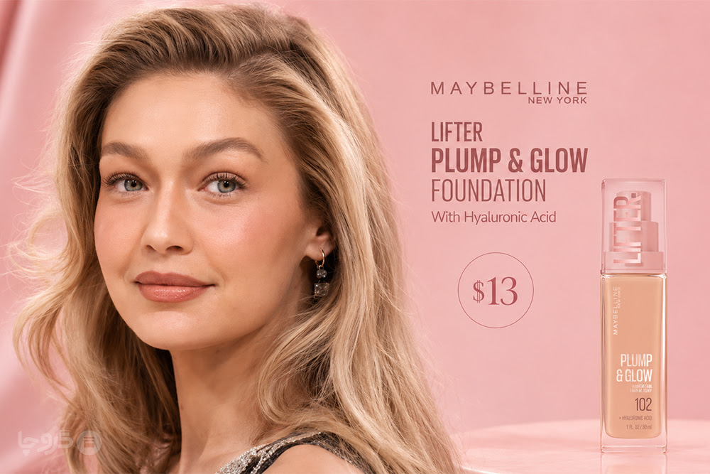 کلوزآپ صورت جیجی حدید با میکاپ طبیعی و کرم Maybelline Lifter Plump & Glow Foundation