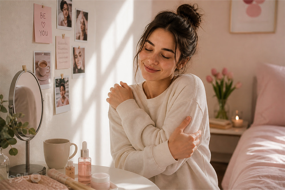 دختری در اتاق آرام و مینیمال در حال بغل کردن خودش با حس آرامش و self-care
