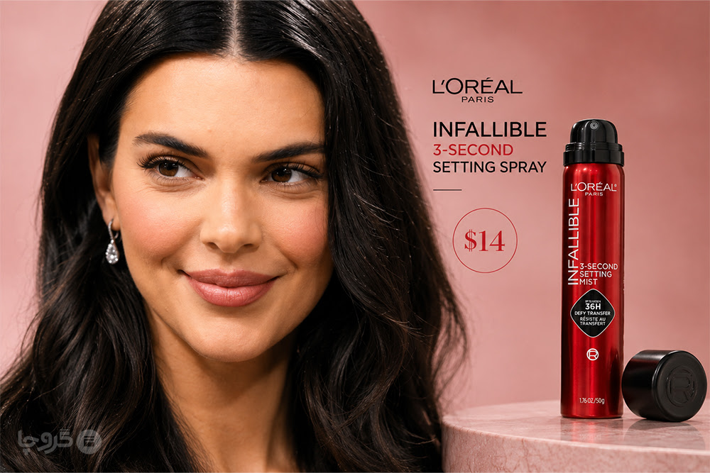 چهره کندال جنر با آرایش درخشان در کنار اسپری فیکس L'Oréal Paris Infallible 3-Second Setting Spray