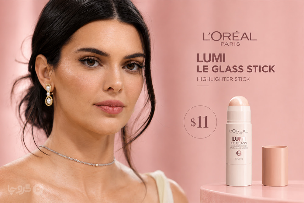 کلوزآپ چهره کندال جنر با آرایش براق و هایلایتر L'Oréal Paris Lumi Le Glass Stick در پسزمینه صورتی ملایم