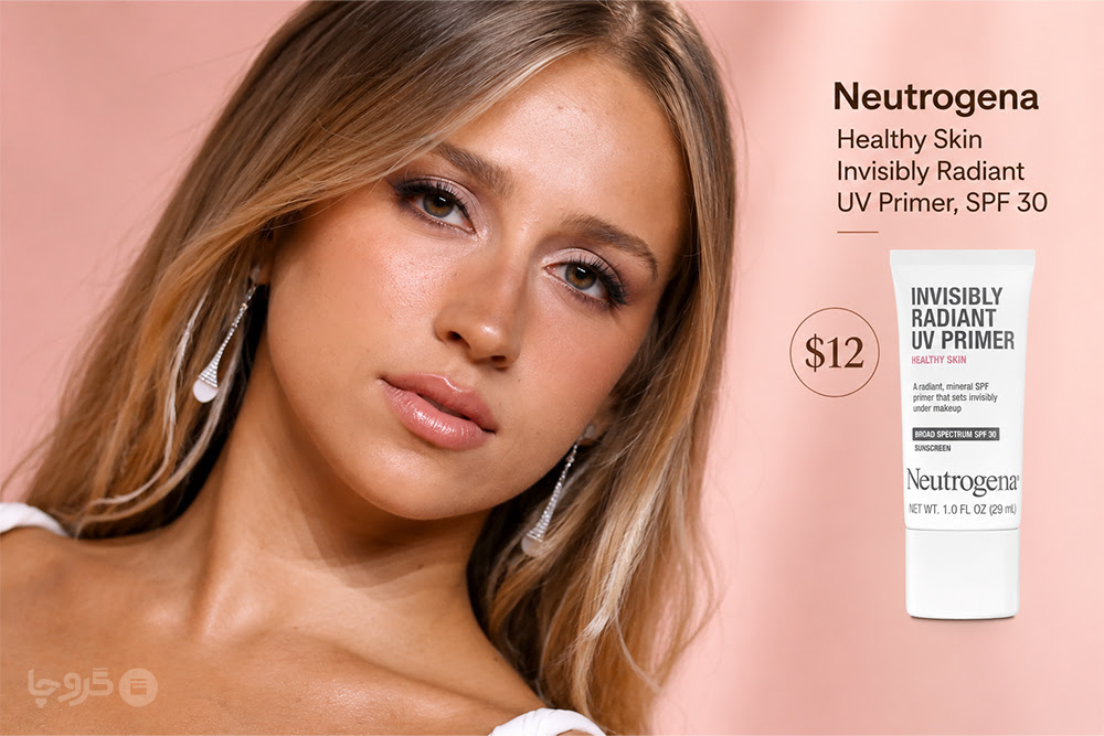 چهره نزدیک مدل با پوست شفاف و پرایمر Neutrogena Healthy Skin Invisibly Radiant UV Primer SPF 30